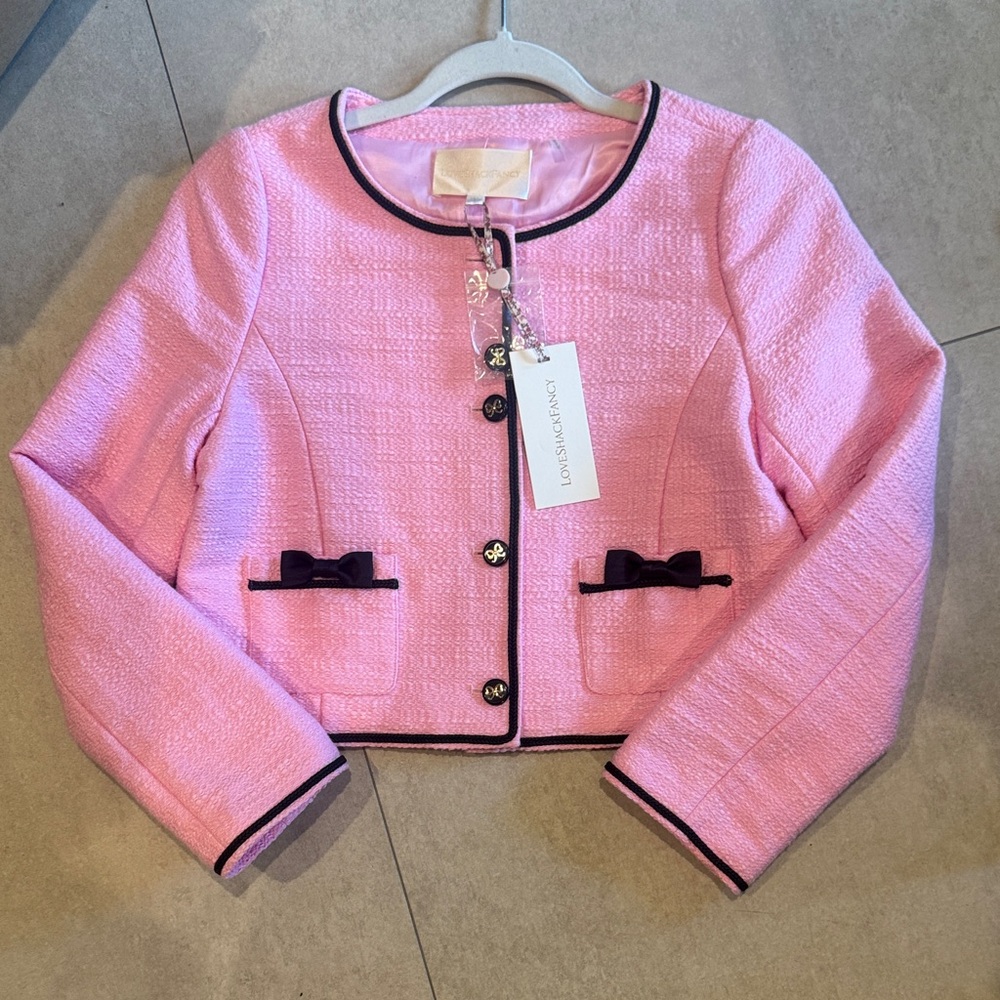 LoveShackFancy Pink Tweed Mahoney Jacket in Pirouette Pink with Black Bows
